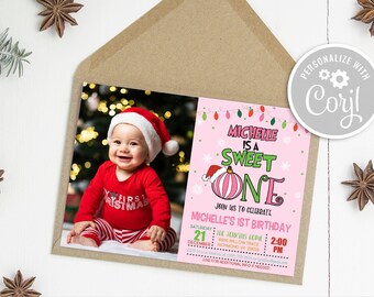 May include: Pink and green Christmas-themed first birthday invitation with a photo of a baby wearing a Santa hat. The invitation says "Michelle is a Sweet One" and includes details for the party, including the date, time, and location.