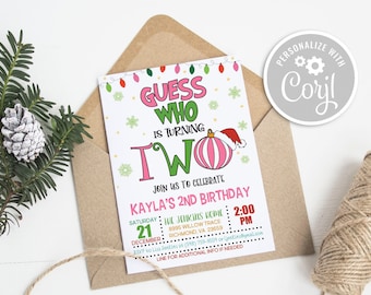 Guess Who is Turning Two Invitation, Christmas Birthday Invitation, 2nd Birthday Invitation, 2nd Birthday Invite, Christmas, Two Girl PK GP6