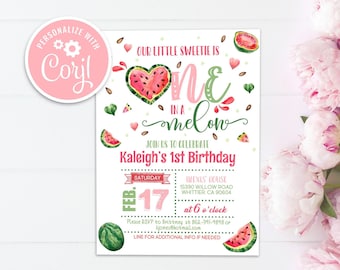 Editable Watermelon Birthday Invitation, Pink Sweetie Party One in a Melon 1st Birthday Printable Instant Download Invite Template