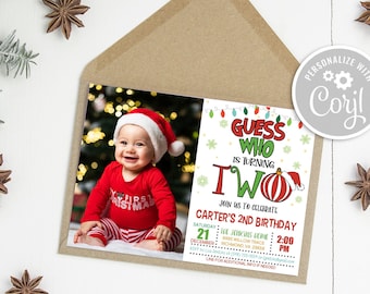 May include: A Christmas-themed birthday invitation with a photo of a baby boy wearing a Santa hat. The invitation says "Guess Who is Turning Two" and includes details for Carter's 2nd birthday party.