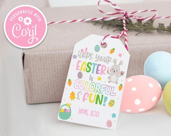 May include: A white gift tag with a colorful Easter bunny and eggs design. The text reads "Hope your Easter is Colorful & Fun! Love Lexi".