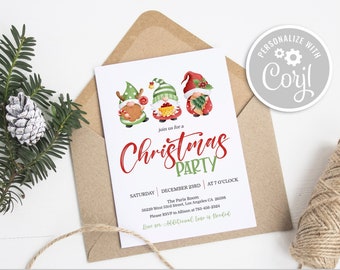 May include: A Christmas party invitation with a red and green color scheme. The invitation features three gnomes wearing red hats and holding Christmas trees. The text on the invitation reads "Join us for a Christmas Party" and includes the date, time, and location of the party.