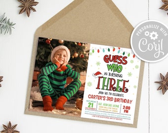 Guess Who is Turning Three Invitation, Christmas Birthday Invitation, 3rd Birthday Invitation, 3rd Birthday Invitation, Christmas, Photo GP6