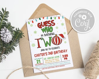 Christmas Guess Who is Turning Two 2nd Birthday Invitation, Editable Printable Instant Digital Download Invite Template GP6