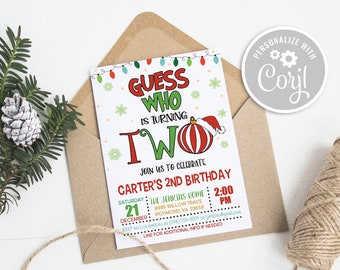 Guess Who is Turning Two Invitation, Christmas Birthday Invitation, 2nd Birthday Invitation, 2nd Birthday Invite, Christmas, Two, White GP6