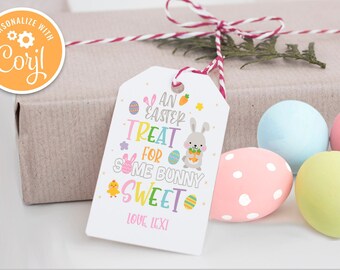 Könnte beinhalten: Ein weißer Geschenkanhänger mit bunten Ostern-Grafiken und dem Text "Ein Oster-Leckerli für ein süßes Häschen" mit einer personalisierten Nachricht "Love Lexi".
