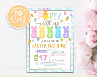 Puede incluir: Una invitación a rayas azul pastel y blanca con un pollito amarillo y coloridos caramelos de malvavisco Peeps. La invitación es para una búsqueda de huevos de Pascua e incluye la fecha, la hora y la ubicación. El texto dice "Party with my Peeps - Join us for an Easter Egg Hunt - Saturday Feb 17 at 6 o'clock - Alexis House 15390 Willow Road Whittier, CA 90604 - Please RSVP to Brittney at 862-991-4848 or bjones@hotmail.com - Line for additional info if needed."