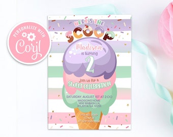 Editable Ice Cream Birthday Invitation Here's the Scoop 1st Birthday Party Invite Pink Purple Mint Gold Stripes Template Instant Download