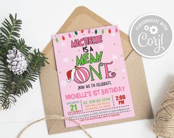 Christmas Mean One 1st First Birthday Invitation: Editable Printable Instant Digital Download Girl Pink Christmas Invite Template GP6