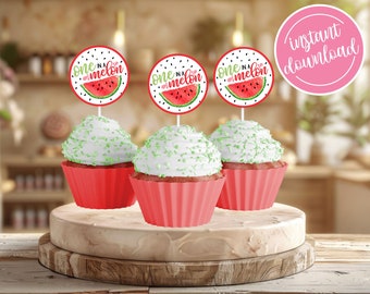 Watermelon 1st Birthday Cupcake Toppers, One in a Melon Stickers (Digital Download)