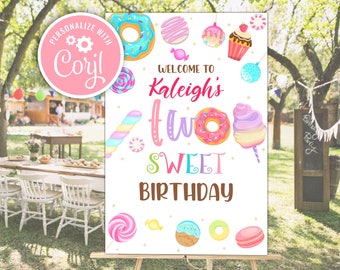 Two Sweet Birthday Welcome Sign: Candy Dessert Party (Editable Download)