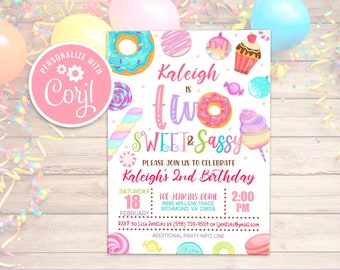 Editable Two Sweet and Sassy Birthday 2nd Birthday Girl Candy Sweet Donut Invitation Blush Pink Two Year Dessert Invite Download Printable