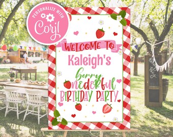 Strawberry First Birthday Welcome Sign: Editable Party Decor (Digital Download)