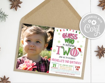 Guess Who is Turning Two Invitation, Christmas Birthday Invitation, 2nd Birthday Invitation Girl, 2nd Birthday Invitation, Photo, Girl, WH