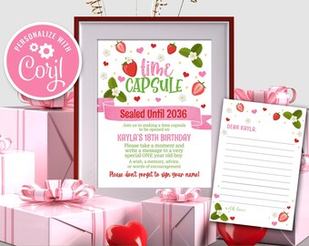 Strawberry First Birthday Time Capsule: Printable Game Template (Editable)