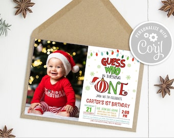Guess Who is Turning One Invitation, Christmas 1st Birthday Invitation 1st Birthday Invitation Christmas Birthday 1st Birthday Invite WP GP6