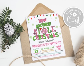 Christmas First Birthday Invitation, Stole Christmas, Christmas Birthday Invitation, 1st Birthday Invitation, Christmas Birthday Invite, GP6