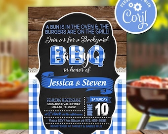 Invitación para baby shower de Baby Q, baby shower mixto con barbacoa en el jardín y estampado de cuadros azules para niño, plantilla digital editable e imprimible de descarga instantánea.