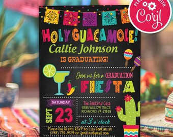 Fiesta Graduation Party Invitation: Holy Guacamole, Cactus, Taco (Editable Template)