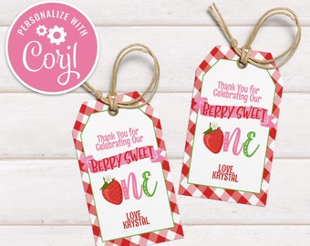 Strawberry 1st Birthday Favor Tags: Berry Sweet Thank You Labels (Editable, Printable)