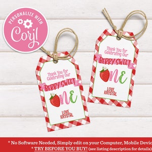 Editable Strawberry 1st Birthday Favor Tags, Strawberry Birthday Thank you tag Label Berry Much Gift tags First Sweet One Template PRINTABLE