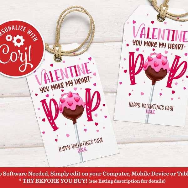 Editable You Make My Heart Pop Valentine's Gift Tag Cake Pop Valentine Classroom School Tag Gift Tag Instant Download VDY