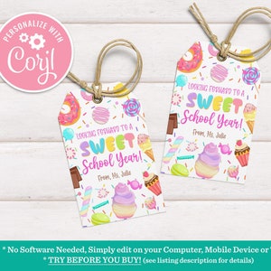 Editable Back To School Tag Sweet Year Candy Cupcake Lollipop Donut Tag Teacher Classroom Gift First day of School Printable Download