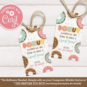 Editable Donut Back to school tag Donut worry gift tag First day of school Kids Classroom Classmate Teacher Label Printable Download