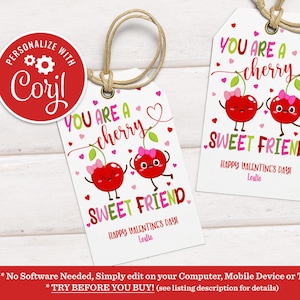 Editable Cherry Valentine&#39;s Gift Tag You Are a Cherry Sweet Friend Fruit Valentine Classroom School Tag Gift Tag Instant Download VDY