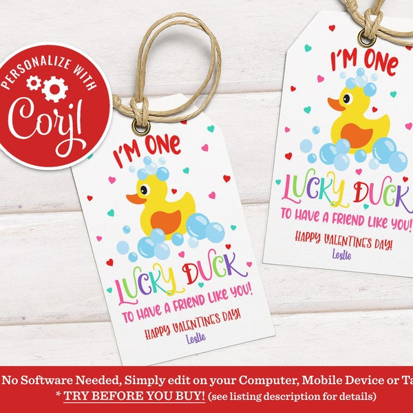 Editable Rubber Duck Valentine's Gift Tag I'm a Lucky Duck Non Candy Ducky Valentine Classroom School Tag Gift Tag Instant Download VDY