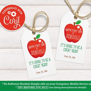 Editable Teacher Happy First Day of School Back To School Apple School Year Treat Favor Meet the Teacher Open House Gift Tag Download