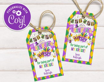 May include: Purple and green Mardi Gras thank you tags with gold accents. The tags feature a crown, mask, and confetti. The text reads "Thank You for being part of my Krewe! Love, Kaleigh".