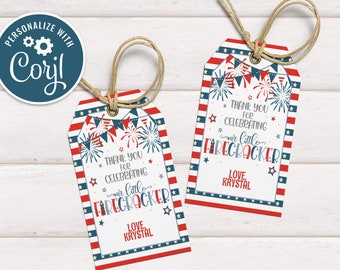 Firecracker 1st Birthday Favor Tags: Red, White, and Blue (Editable in Corjl)