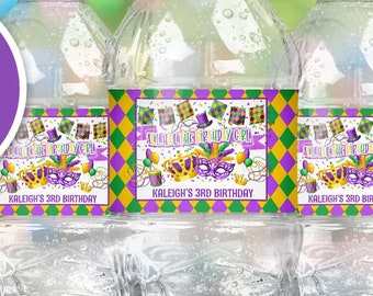 Etiqueta editable para botella de agua de cumpleaños de Mardi Gras (Descarga digital)