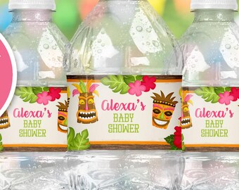 Luau Baby Shower Water Bottle Label: Tiki Hawaiian Baby Shower Decor (Editable Digital Download)
