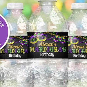 Etiqueta editable para botella de agua de cumpleaños de Mardi Gras (descarga digital)