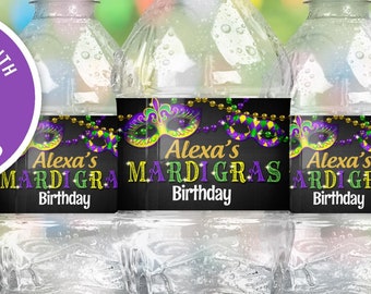 Editable Mardi Gras Birthday Water Bottle Label (Digital Download)