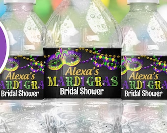 Mardi Gras Bridal Shower Water Bottle Label (Editable Digital Download)