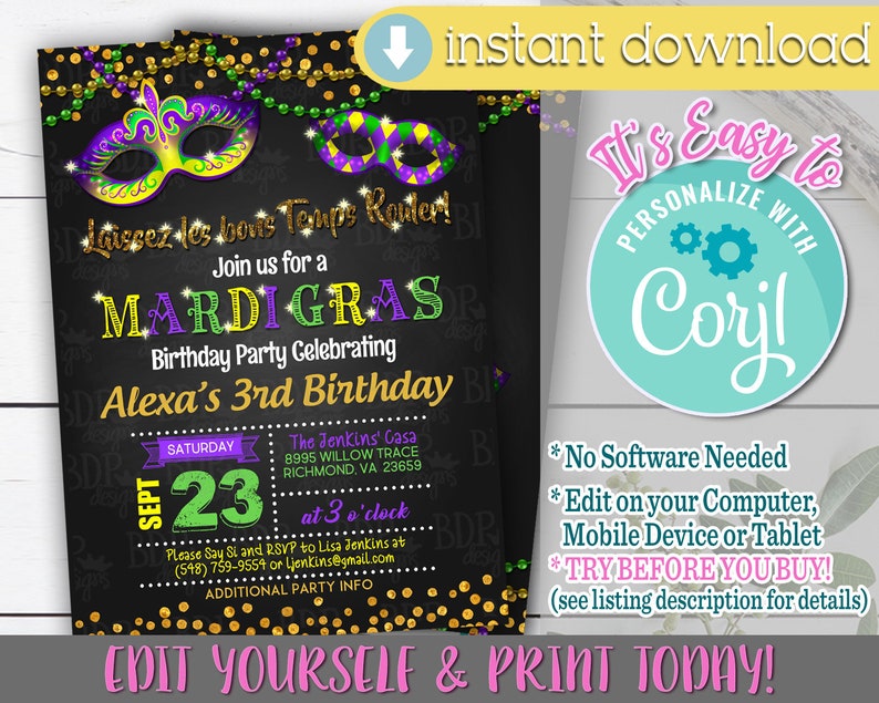 Mardi Gras Birthday Invitation Download, Mardi Gras Invitation Instant Download, Mardi Gras Birthday, Mardi Gras Invitation Download image 1