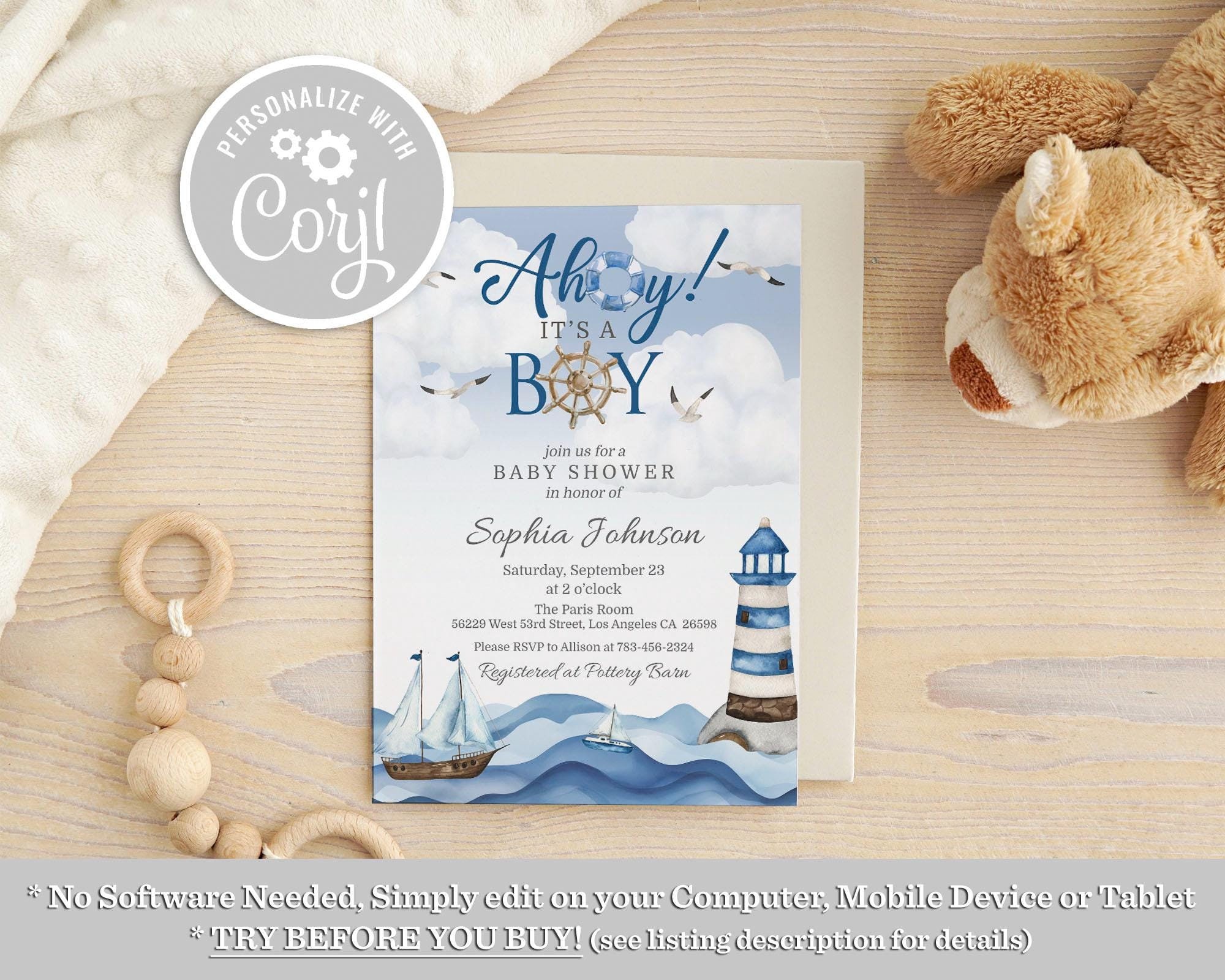 Ahoy it's a Boy Baby Shower Invitation, Nautical Lighthouse Boy Blue Boat Baby Shower Printable Instant Download Digital Invite Template