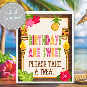 Luau Birthday Treat Sign: Tiki Hawaiian Pineapple Decor (Digital Download)