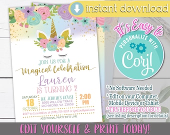 Unicorn Birthday Invitation, Unicorn Face Birthday Invitation, Unicorn Birthday Invitation Download, Unicorn Birthday Invite, Floral Unicorn