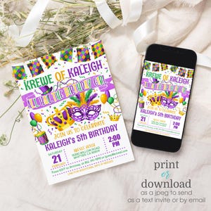 May include: Purple, green, and gold Mardi Gras themed birthday invitation with a crown, mask, and confetti. The invitation says "Krewe of Kaleigh All Hail the Birthday Girl" and "Join us to celebrate Kaleigh's 5th Birthday".