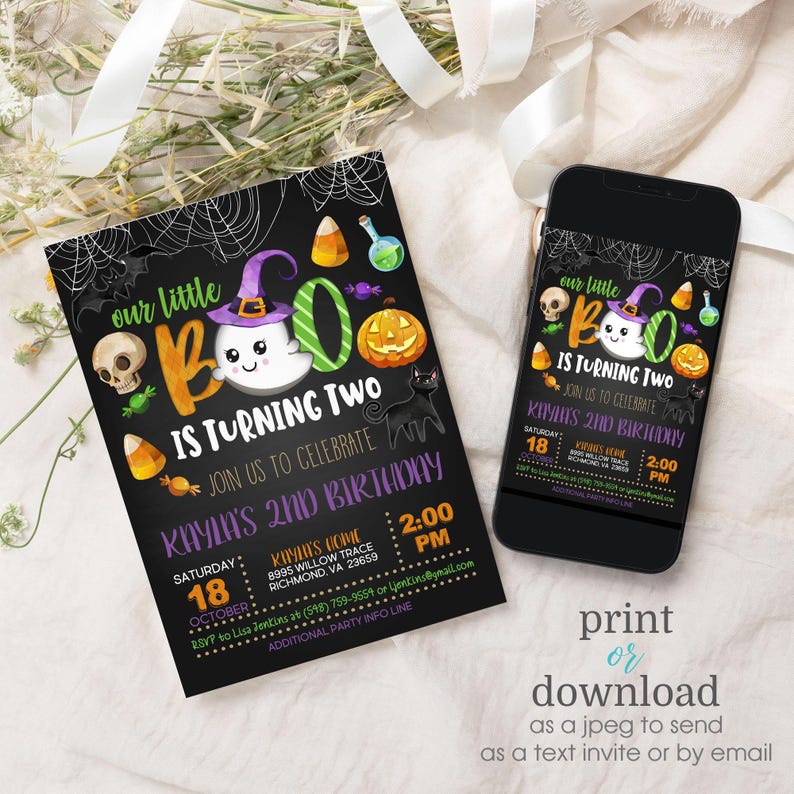 Editable Our Little Boo is Turning Two Invitation, Spooktacular Halloween Birthday Printable Instant Download Invite Template image 2
