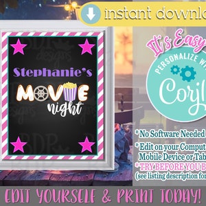 Movie Night Sign, Movie Night Decorations, Movie Night Sign, Movie Night Printable, Movie Night Party Decor, Movie Night Party Decor, MG