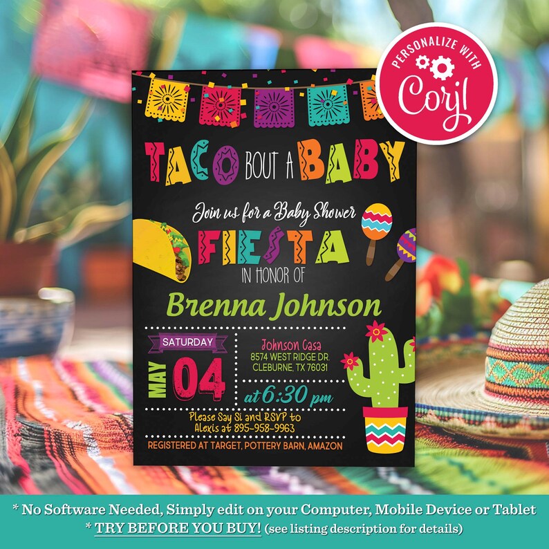 Editable Taco Bout a Baby Shower Invitation: Fiesta Cactus Theme (Digital Download) image 1