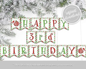 Christmas Happy 3rd Birthday Welcome Banner, Printable Christmas Boy Birthday Party Instant Digital Download Banner Decor Decoration GP6