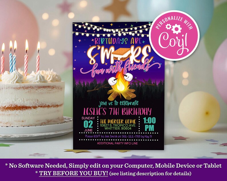 Invitation d'anniversaire S'more Fun : Invitation pour une fête de camping (Modifiable dans Corjl) image 1