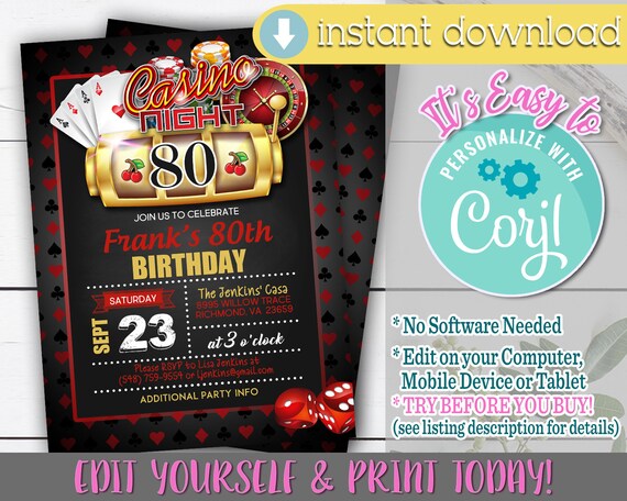 Casino Birthday Invitation, 80th Birthday Invitation, Casino Party Invitation, Casino Printable, 80th Birthday, Casino Party Theme, Casino Il_570xn