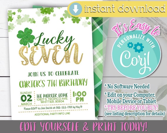 Lucky 7 Birthday Invitation, Lucky 7 Birthday, Lucky 7, Lucky Seven ...
